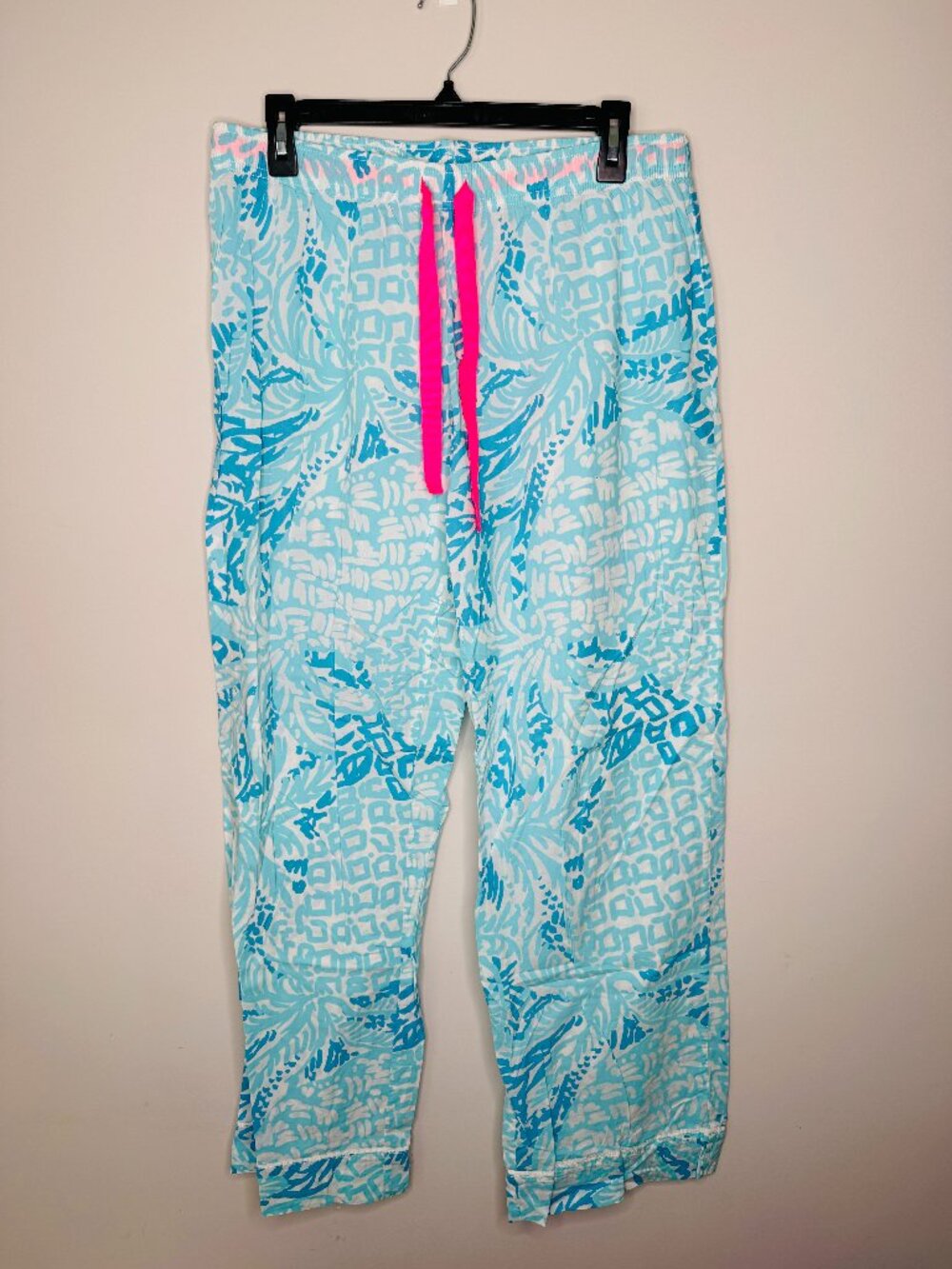 Lilly Pulitzer Palm Beach Cotton Pajama Pants Womens L Blue White Elastic Pull O